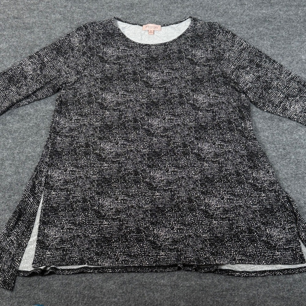 Philosophy 2X Tunic Blouse Stretchy Black Dots Long Sleeve Side Slits Top Work